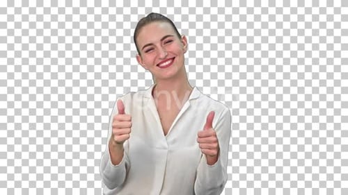 Happy excited woman showing approval hand, Alpha Channel