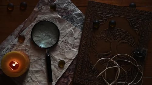 Table Top With Book and Burning Candle