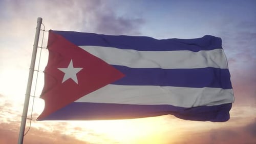 Realistic Waving Cuban Flag Animation on Sunset Background