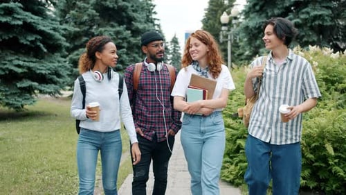 Cheerful Students Multi-ethnic Group Walking Outdoors in Campus Talking