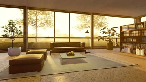 Modern Interior Living Space with Golden Light Pan Animation