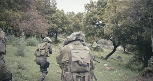 Squad of fully armed commando soldiers during combat in a forest scenery
