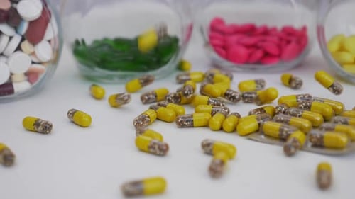 Dejar caer lentamente las cápsulas sobre una mesa blanca con tabletas de colores en una botella de vidrio transparente