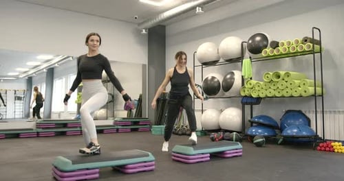Women Doing Step Aerobics in Gym