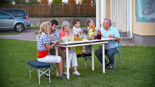Family Celebrates Birthday Meal Together Outdoors