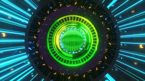 Rotating particles and flashing light on red background, loop