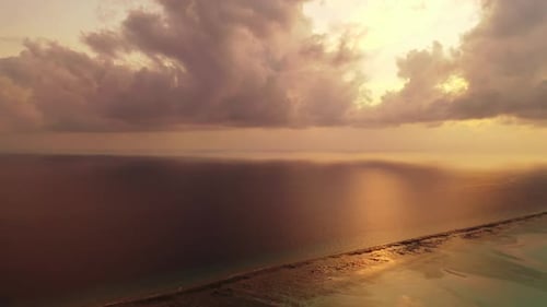 Aerial top down tourism of exotic island beach trip by turquoise lagoon with white sand background o