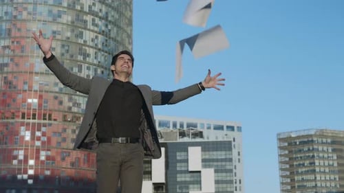 Businessman Throwing Documents on Street. Joyful Worker Celebrating Victory