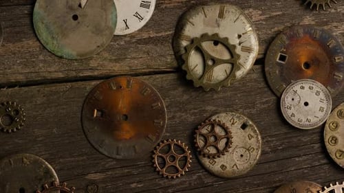 Rotating stock footage shot of antique and weathered watch faces