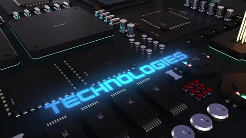 technology header on the background of the chip with a large number of processors.