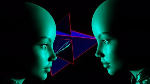 Abstract Neon Heads Interacting with Geometric Shapes