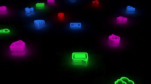 Glowing Neon 3D Technology Icons Loop Background