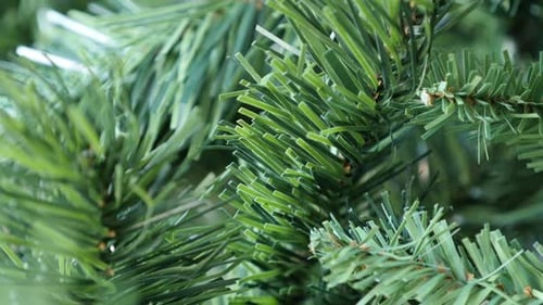 Close-up of artificial green needles on Christmas tree 4K 2160p 30fps UltraHD tilting footage -Deco