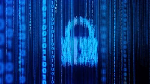 Animated Binary Code Stream Forms Digital Security Padlock