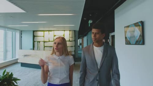 Diverse Kollegen gehen ins Büro und sprechen. Junge Frau mit schwarzem Mann geht in der Moderne