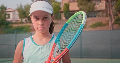 Serious Young Person Holds Tennis Racket
