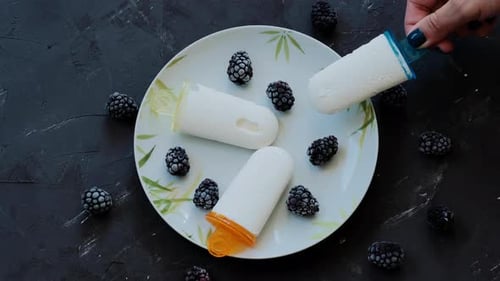 Top view of Homemade ice cream with with blackberry on the plate