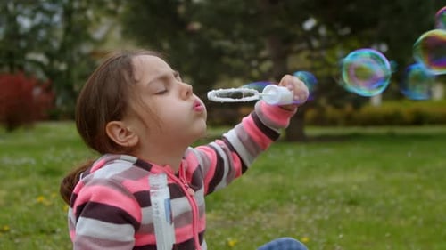 Happy Girl Blowing Bubbles in a Grassy Park