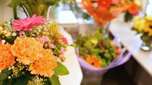 Various flower bouquet in shop 4k