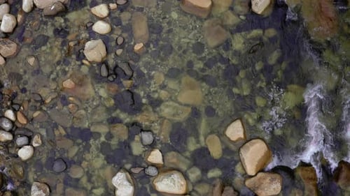 Top view of a waterbed full of rocks in different shapes and colors