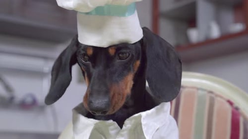 Dog Dressed as a Chef Wearing Hat and Shirt