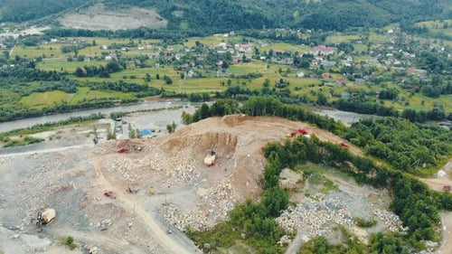 Aerial View of Stone Quarry Excavation in Mountains