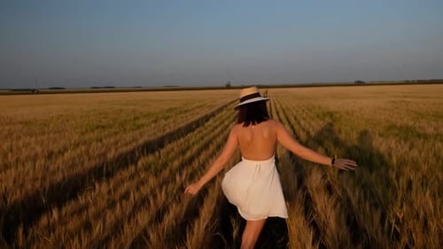Happy Free Young Woman Runs in Slow Motion Across Field Touching Ears of Wheat with Her Hand