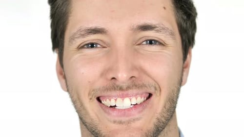 Close Up of Smiling Young Man Face, White Background