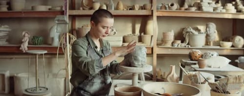 Female Artist Sculpting Clay Head in Workshop