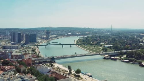 Drone Flight Over the Iron Bridge Over Which Trams Travel Across the Sava River