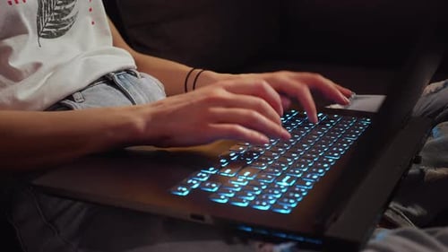 Close up woman hands working typing on keyboard laptop