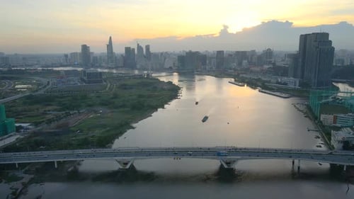 Flying at Sunset over Saigon River Bridge near Downtown of the City of Ho Chi Minh Vietnam, Boats To