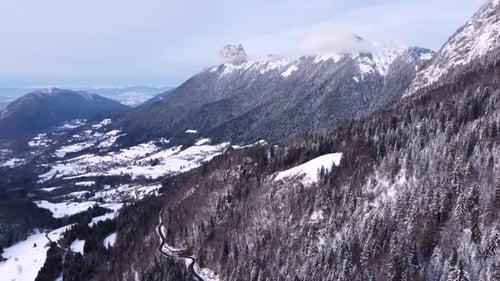 Snowy Mountains and Winding Road Aerial View