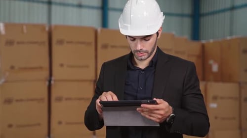 Factory Manager Using Tablet Computer in Warehouse or Factory