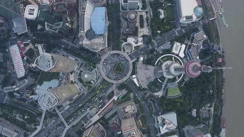 Aerial view of Shanghai downtown at sunset, China.