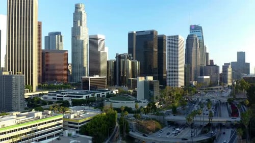 Cinematic urban aerial time lapse of downtown Los Angeles skyline.
