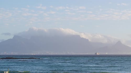 Beautiful Clear Day Looking to Table Mountain and Mother City with Ocean Waves Crashing Over Rocky