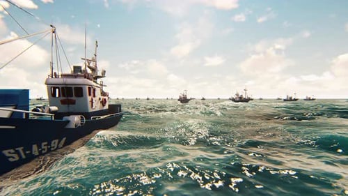 Animated Fleet of Fishing Boats Sailing on Choppy Ocean