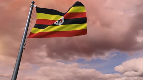 Uganda Flag Waving Against Beautiful Cloudy Sky