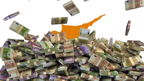 Euro Banknotes falling in front of flag of Cyprus