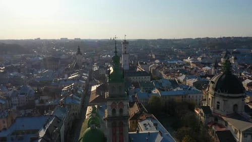 Aerial Video of Uspinska Church in in Central Part of Old City of Lviv, Ukraine