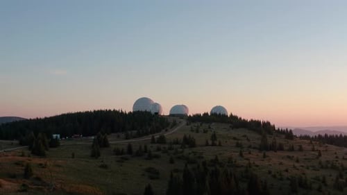Aerial Drone View, Unusual Architecture Concept. Sunrise Over Uniquely Designed Old Radar Station in