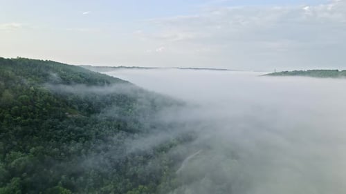 Aerial Drone View of Beautiful Tropical Valley Between Mountains During Misty Morning