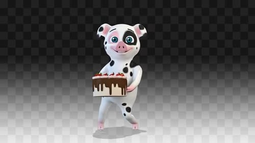 White Pig felicita y baila con un pastel
