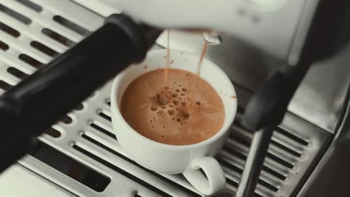 Espresso Pours Into White Cup from Machine