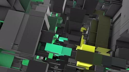Abstract 3D rendering of cubes and electronic shapes.