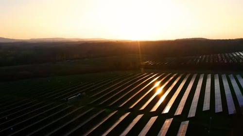 Zumbido de granja solar al atardecer