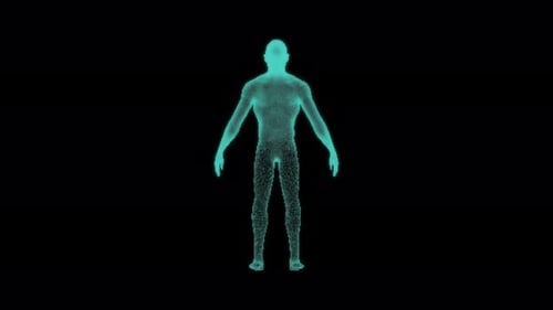 Futuristic Digital Human Body Rotating and Dissolving into Particles