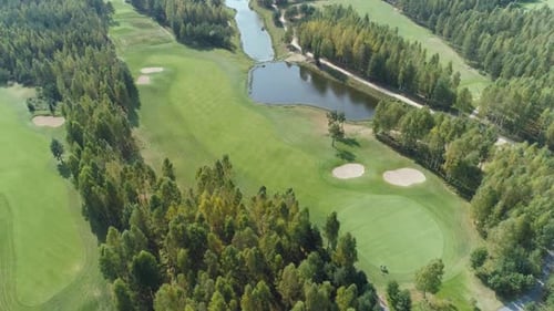 Green Fields in Summer Sunny Day Aerial View of Golf Course in Forest Area Golf Club View of the