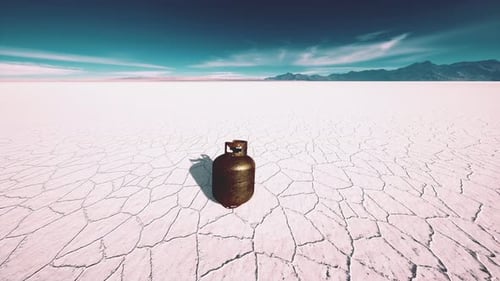 Old Rusted Danger Gas Container on Salt Lake